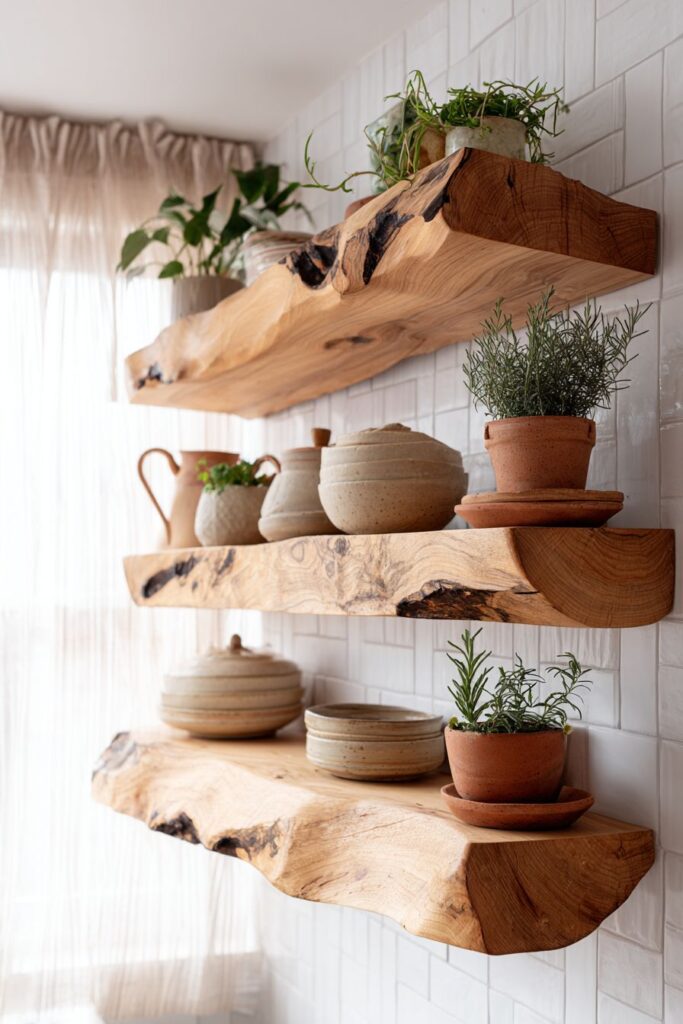 Live-Edge Walnut Floating Shelves with Ceramic Display