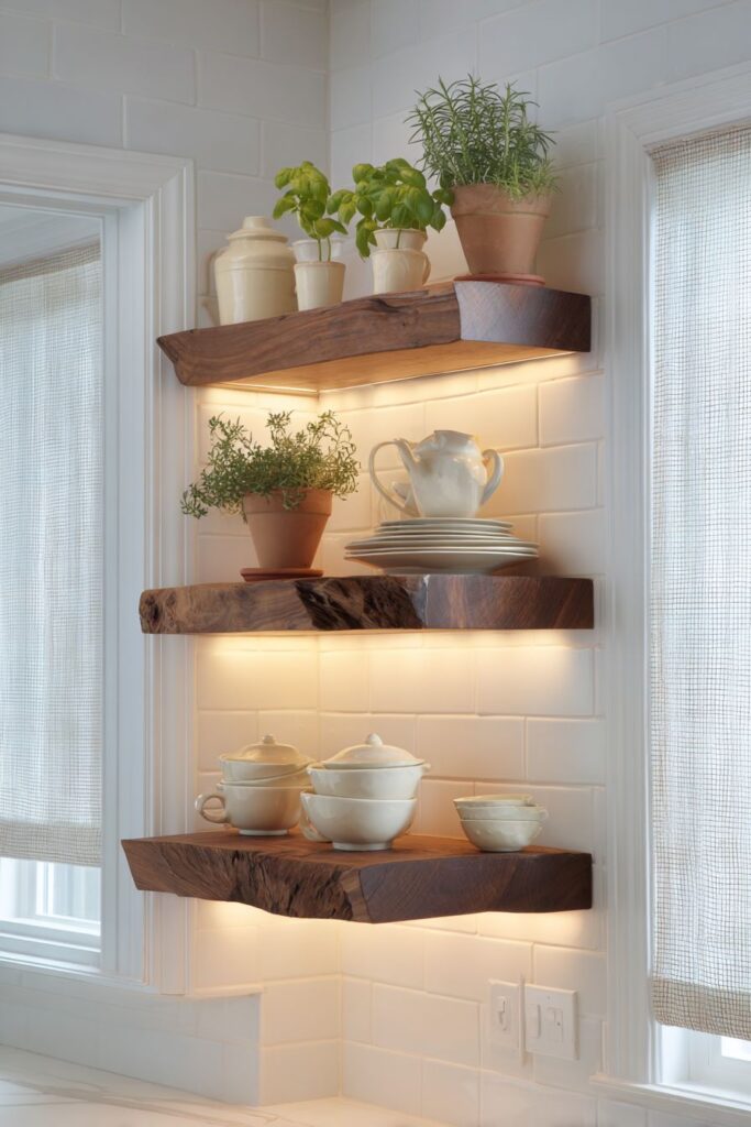 Live-Edge Walnut Floating Shelves with Ceramic Display