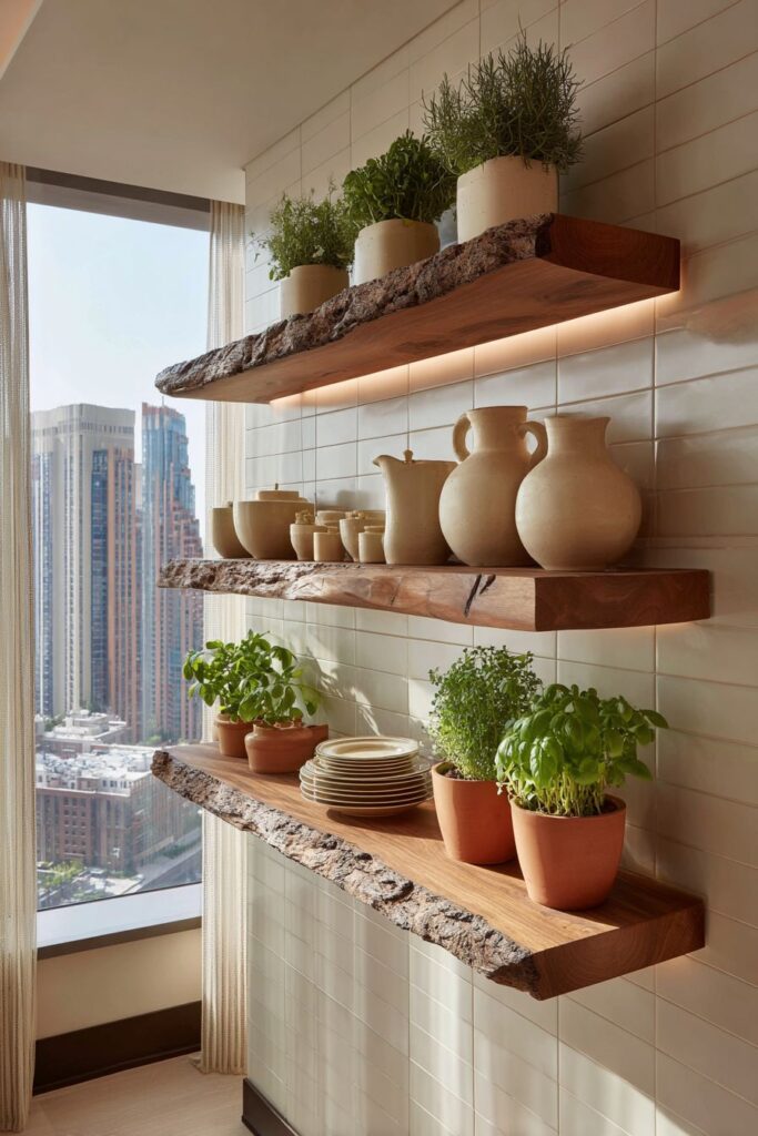 Live-Edge Walnut Floating Shelves with Ceramic Display