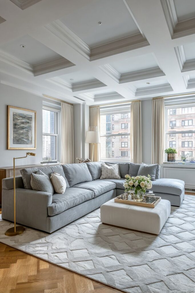 Grey Linen Sophistication with Coffered Ceiling Drama