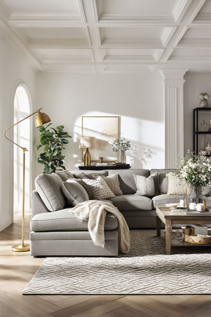 Grey Linen Sophistication with Coffered Ceiling Drama