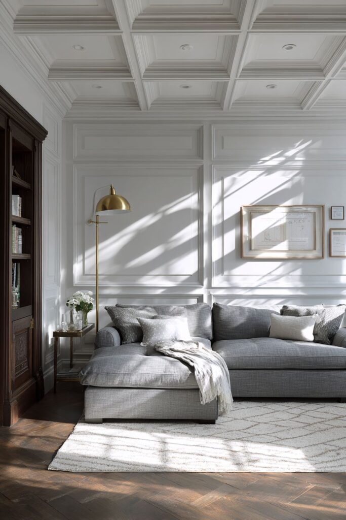 Grey Linen Sophistication with Coffered Ceiling Drama