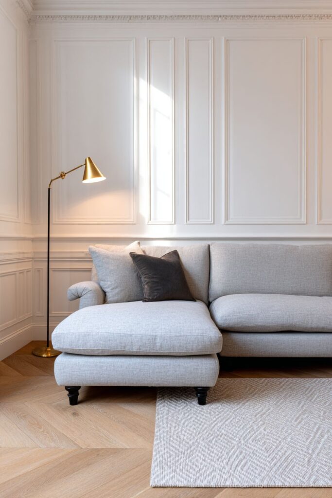 Grey Linen Sophistication with Coffered Ceiling Drama