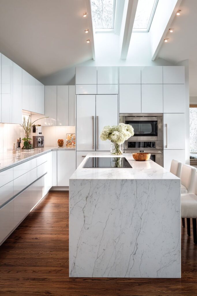 Central Island with Waterfall-Edge Marble Mastery