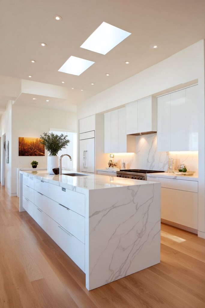 Central Island with Waterfall-Edge Marble Mastery