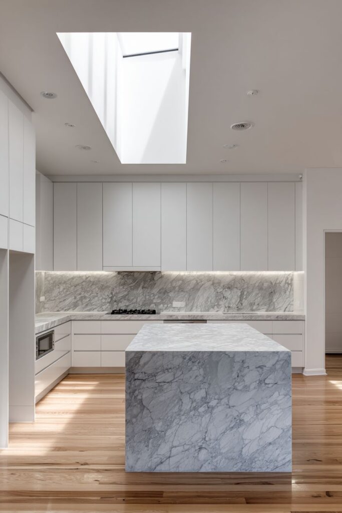 Central Island with Waterfall-Edge Marble Mastery