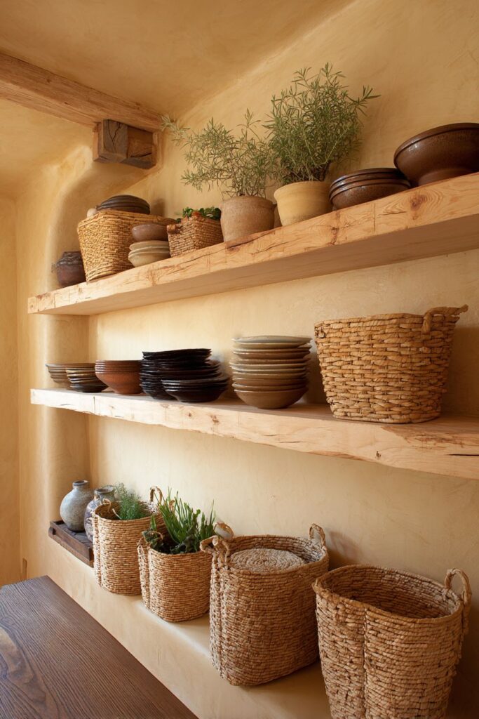 Reclaimed Wood Storage with Clay Plaster Accent Wall