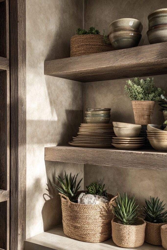 Reclaimed Wood Storage with Clay Plaster Accent Wall