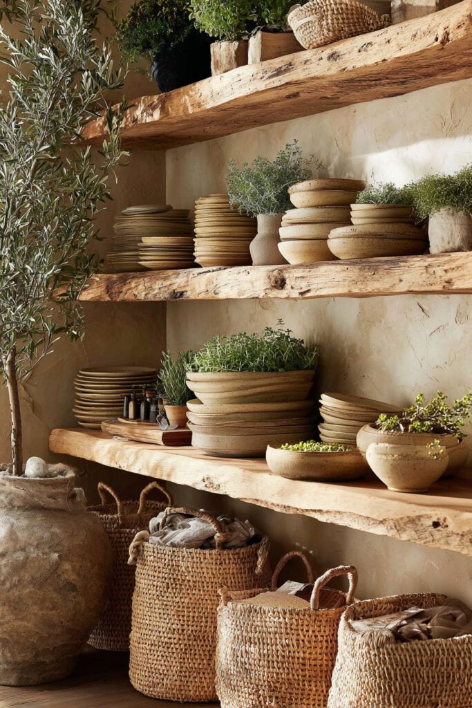 Reclaimed Wood Storage with Clay Plaster Accent Wall