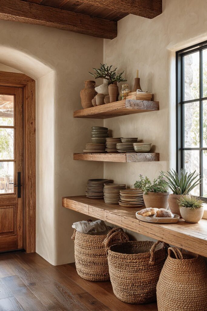 Reclaimed Wood Storage with Clay Plaster Accent Wall