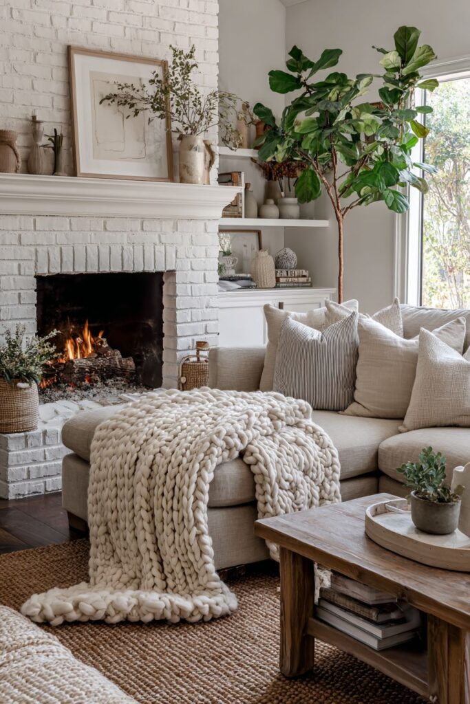 White Brick Fireplace Focal Point with Hygge Elements