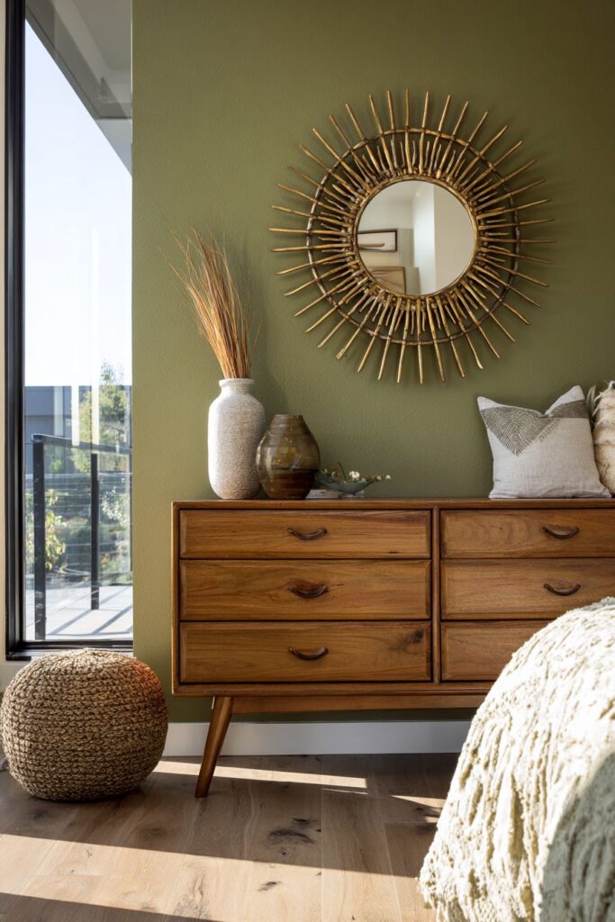 Olive Green Feature Wall With Teak Storage