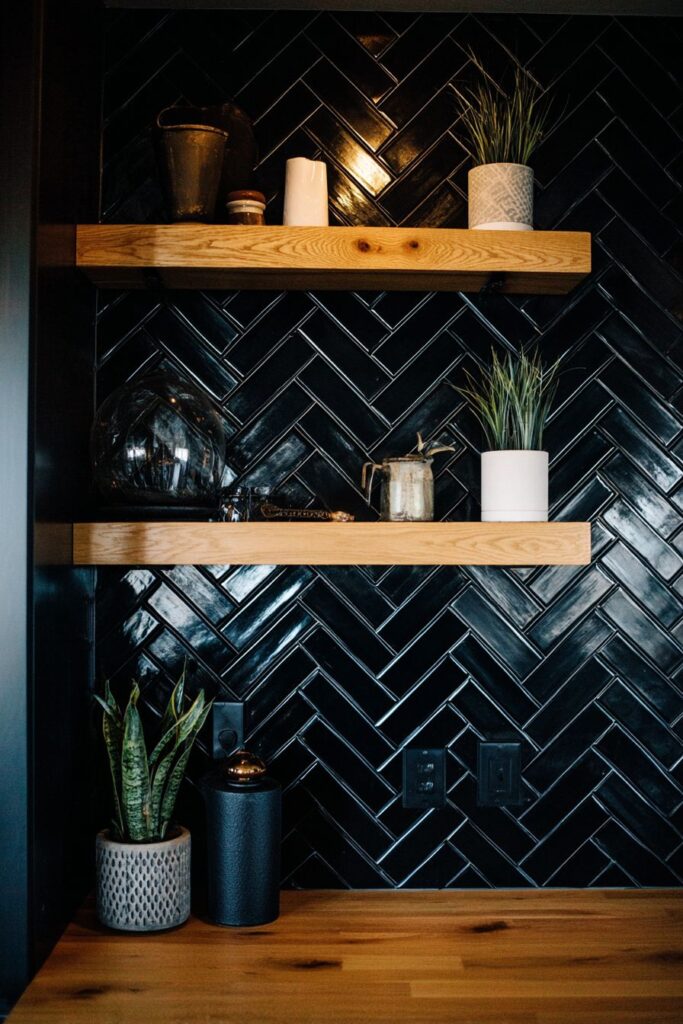 Mixed Material Backsplash with Functional Display Elements