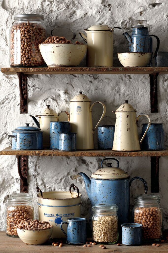 Vintage French Enamelware Collection Display
