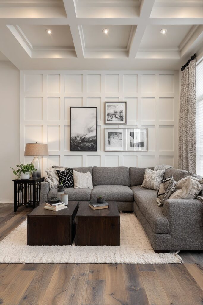 Board and Batten Minimalism with Coffered Ceiling Drama