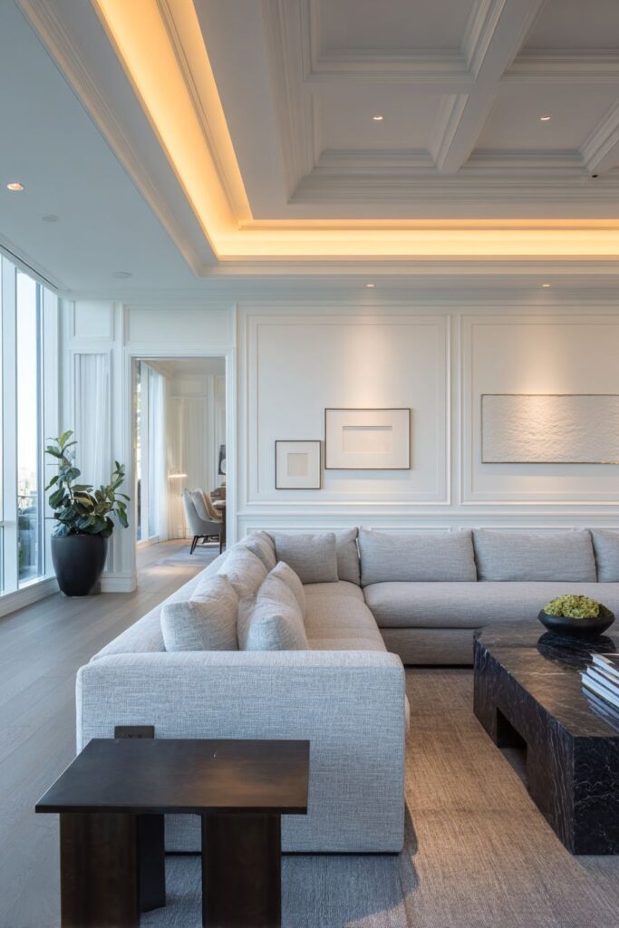 Board and Batten Minimalism with Coffered Ceiling Drama