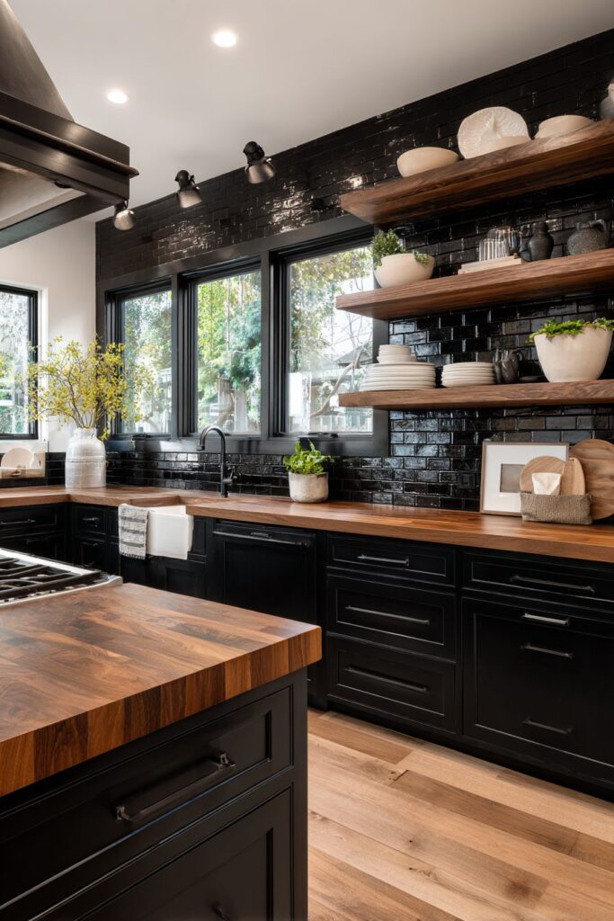 Sleek Black Shaker Cabinets with Butcher Block Countertops