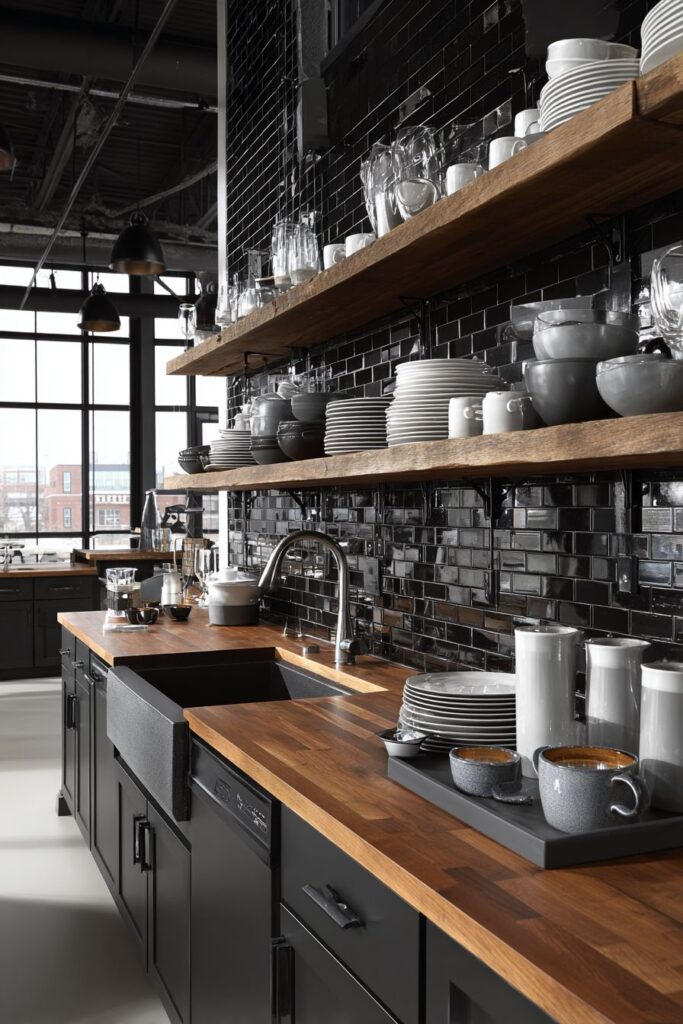 Sleek Black Shaker Cabinets with Butcher Block Countertops