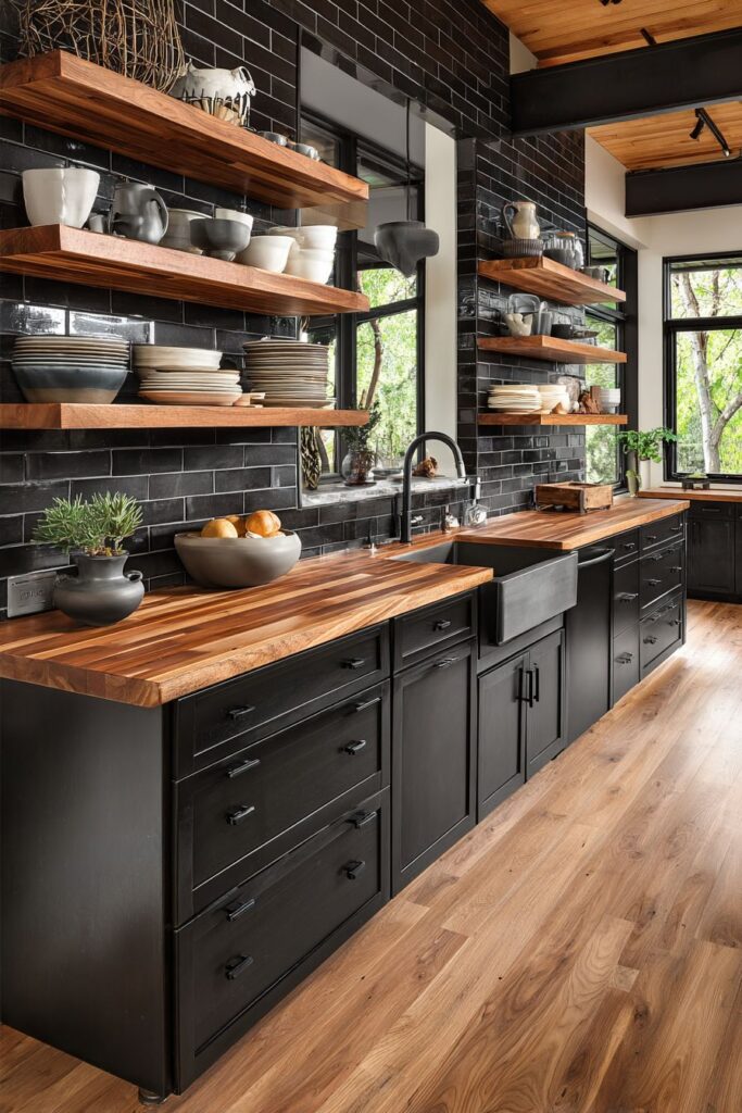 Sleek Black Shaker Cabinets with Butcher Block Countertops
