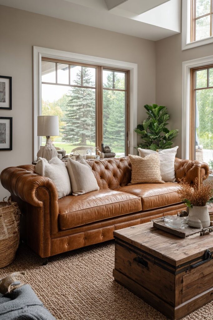 Cozy Chesterfield Charm with Rustic Wood Elements