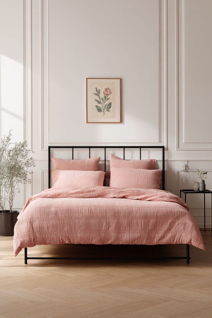 Minimalist Bedroom with Dusty Rose Bedding Focus