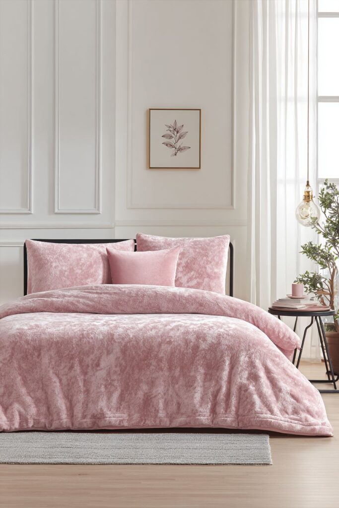 Minimalist Bedroom with Dusty Rose Bedding Focus