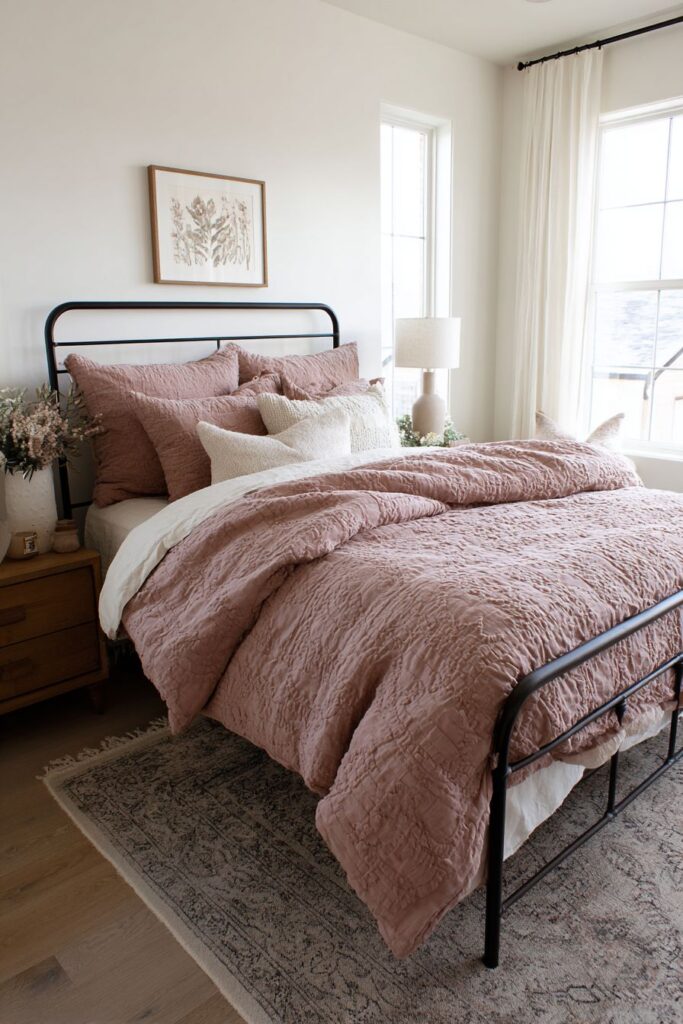 Minimalist Bedroom with Dusty Rose Bedding Focus