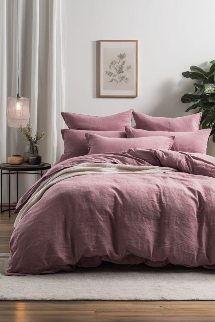 Minimalist Bedroom with Dusty Rose Bedding Focus