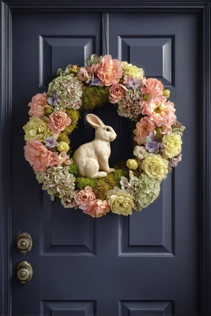 Traditional Pastel Flower Wreath with Ceramic Bunny