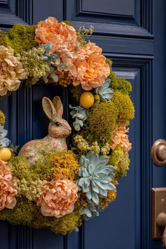 Traditional Pastel Flower Wreath with Ceramic Bunny