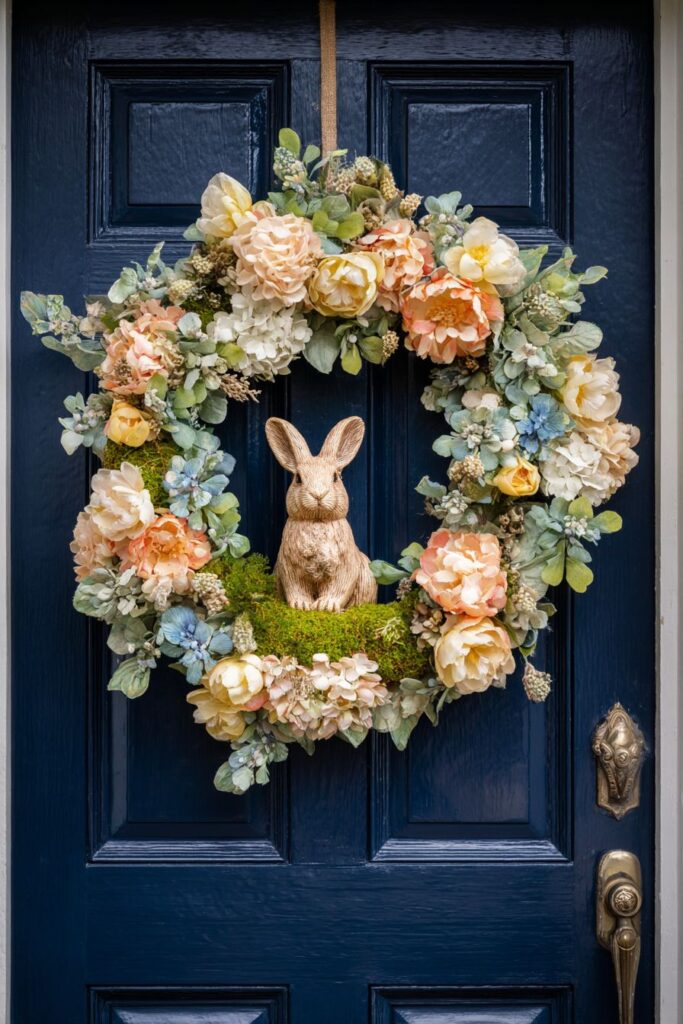 Traditional Pastel Flower Wreath with Ceramic Bunny