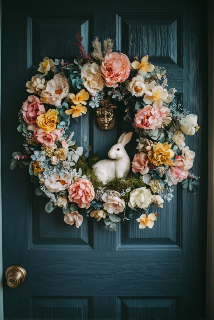Traditional Pastel Flower Wreath with Ceramic Bunny
