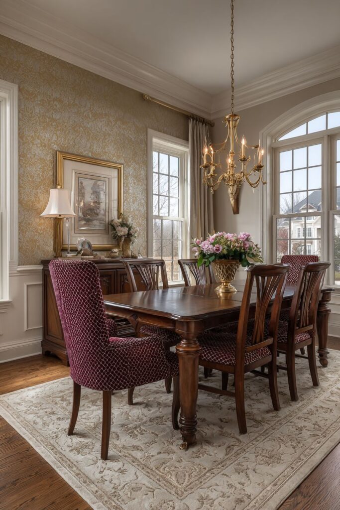 Dramatic Gold Accent Wall with Textured Wallpaper