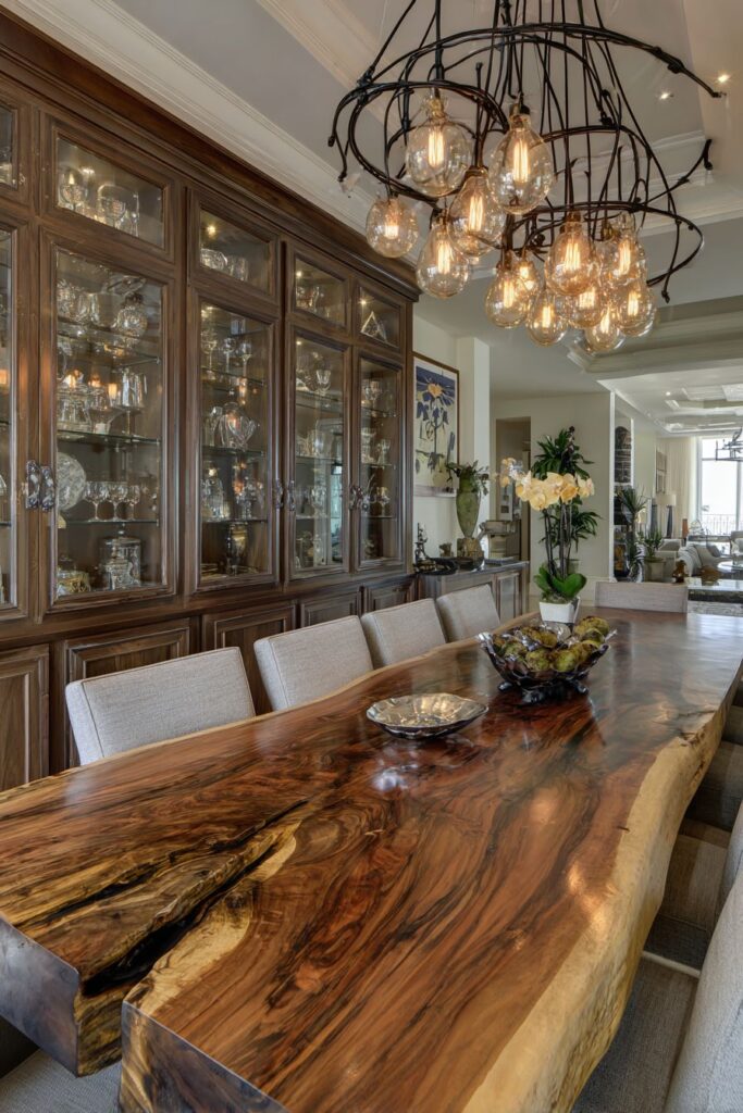 Live-Edge Walnut Drama with Industrial Lighting