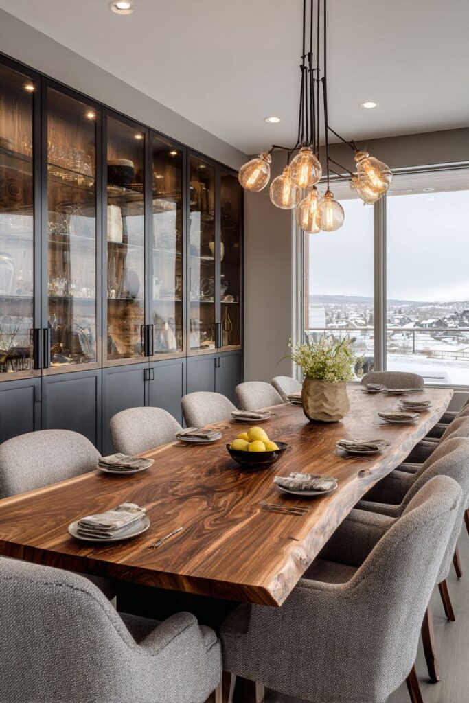 Live-Edge Walnut Drama with Industrial Lighting