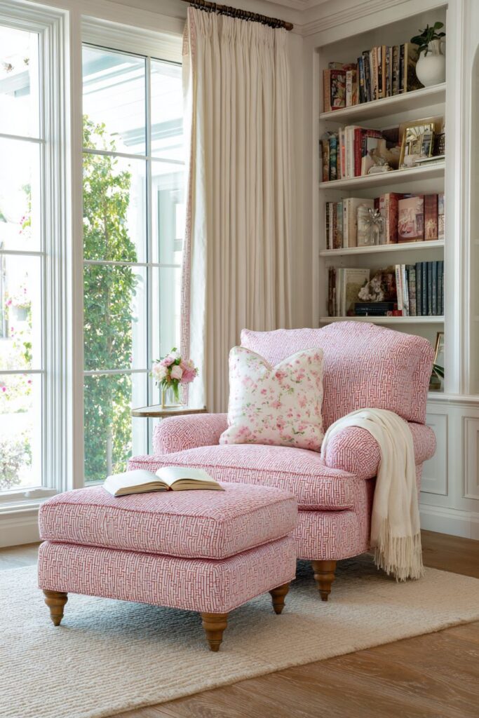 Cozy Pink Reading Corner with Coral Armchair