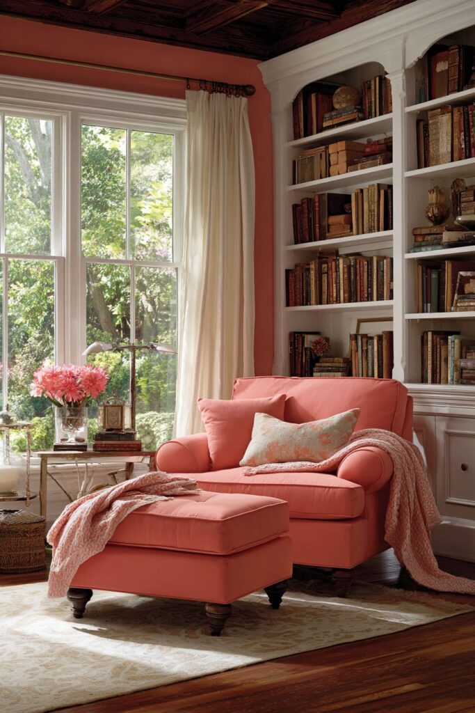 Cozy Pink Reading Corner with Coral Armchair