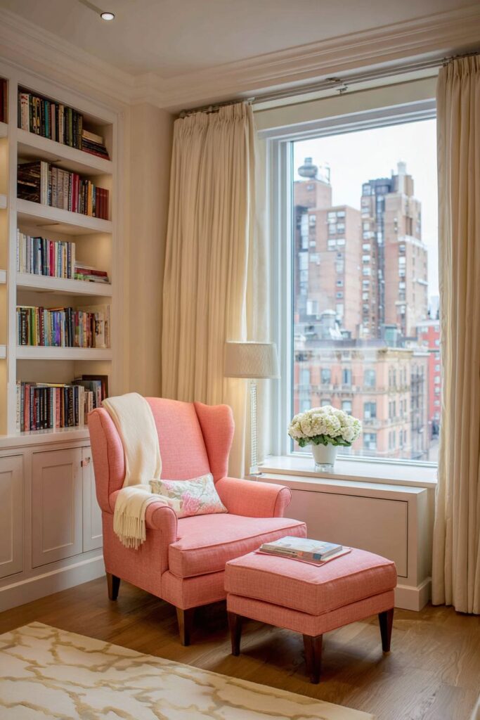 Cozy Pink Reading Corner with Coral Armchair