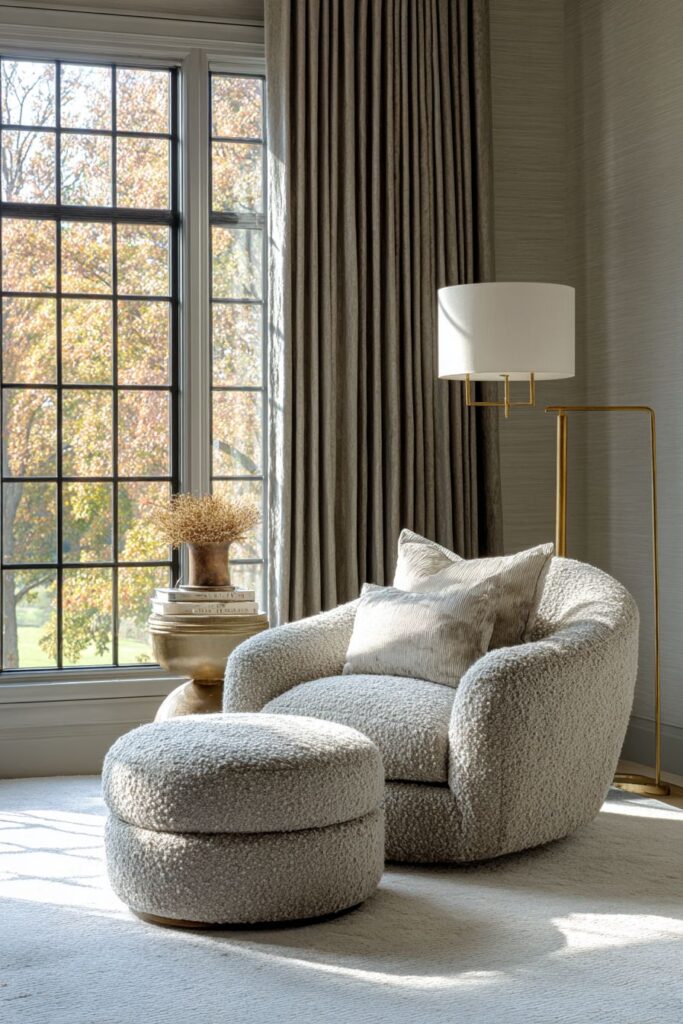 Cozy Reading Nook with Taupe Velvet Curtains