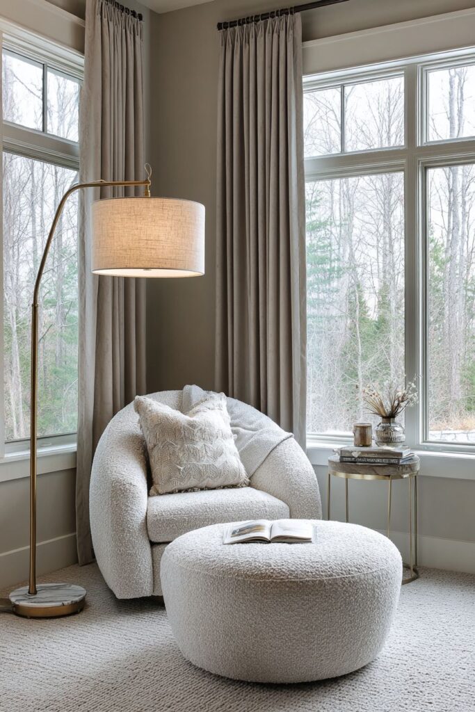 Cozy Reading Nook with Taupe Velvet Curtains