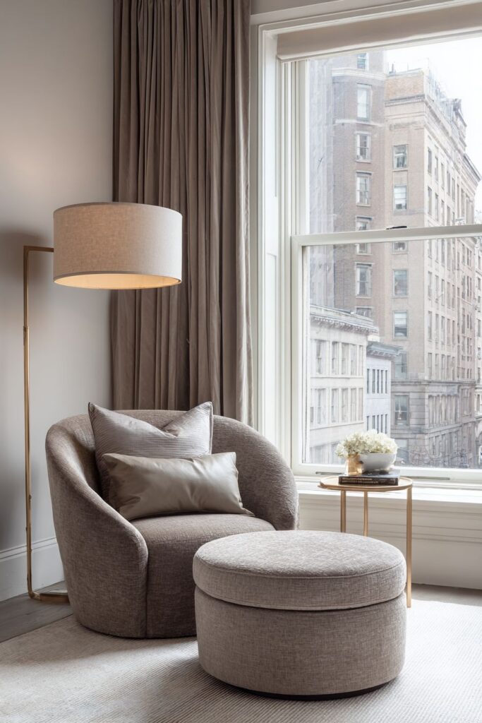 Cozy Reading Nook with Taupe Velvet Curtains