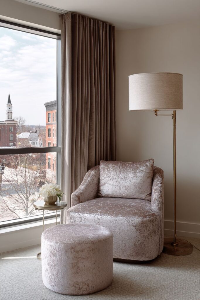 Cozy Reading Nook with Taupe Velvet Curtains