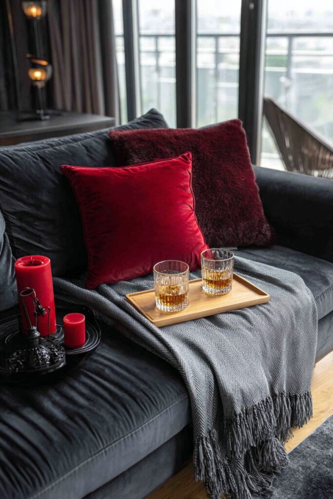 Contemporary Living Room in Navy and Burgundy