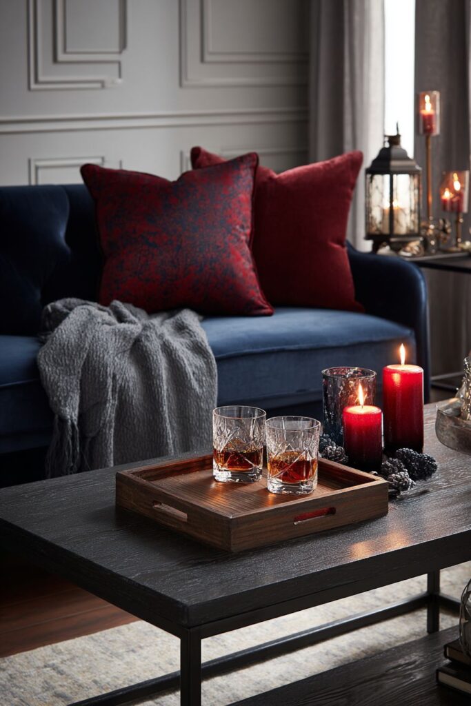 Contemporary Living Room in Navy and Burgundy