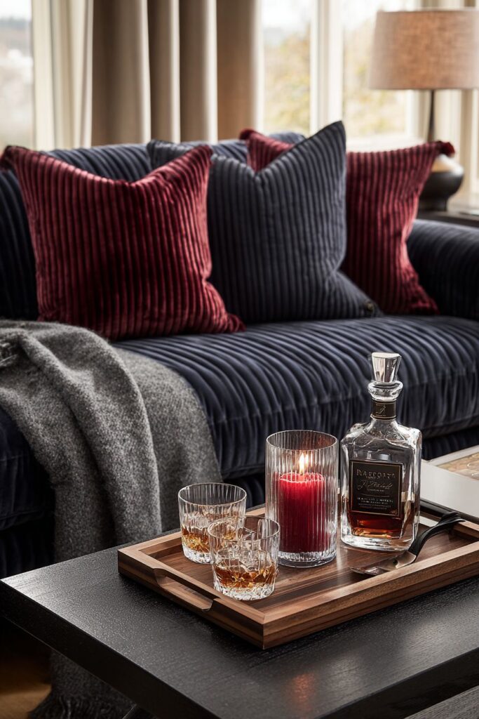 Contemporary Living Room in Navy and Burgundy