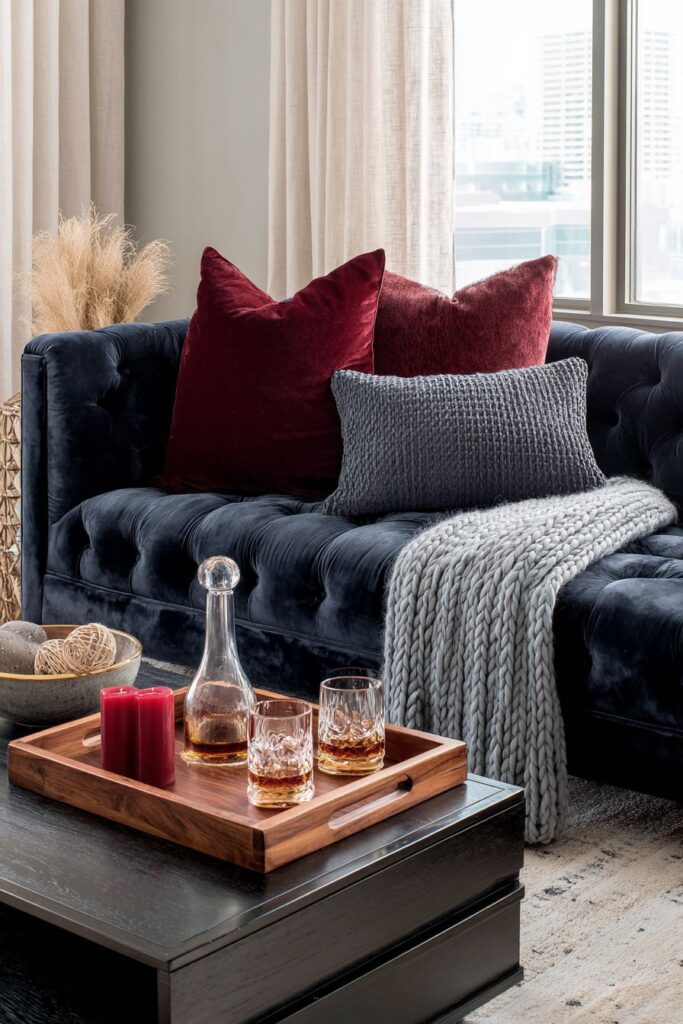 Contemporary Living Room in Navy and Burgundy