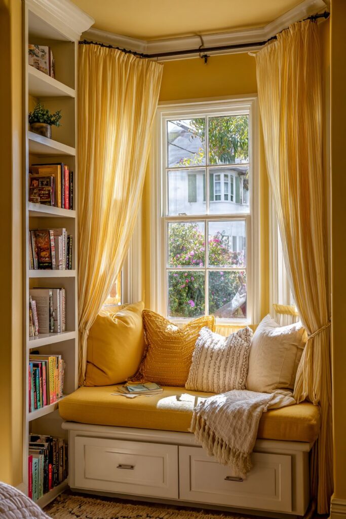 Cozy Reading Nook with Golden Window Seat