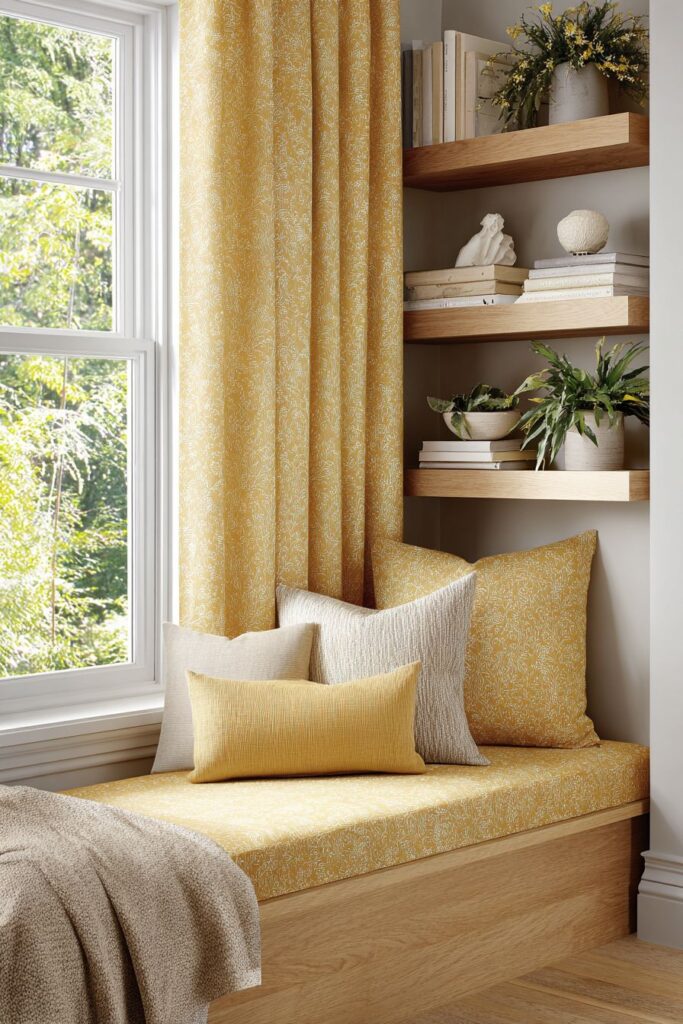 Cozy Reading Nook with Golden Window Seat