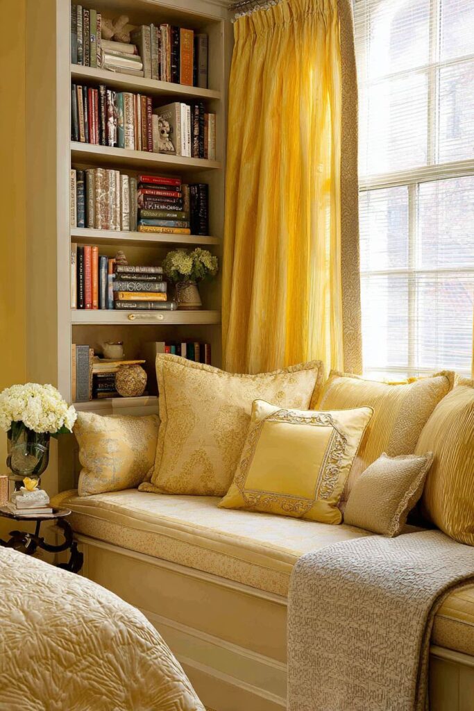Cozy Reading Nook with Golden Window Seat