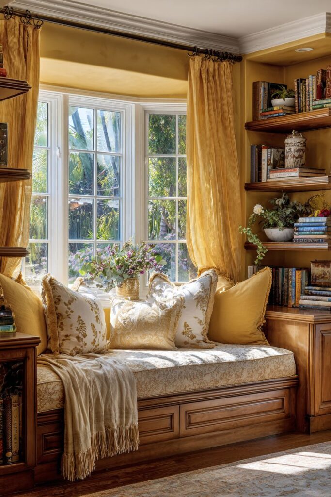 Cozy Reading Nook with Golden Window Seat